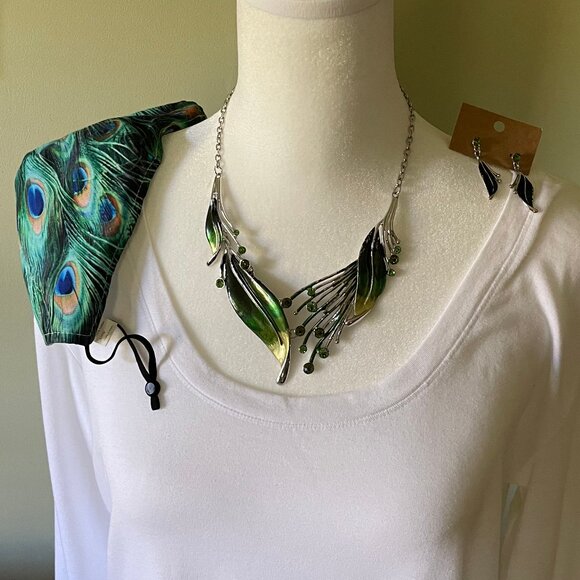 Jewelry - Adorable Peacock Necklace, Earrings, & Cotton Face Mask Set
